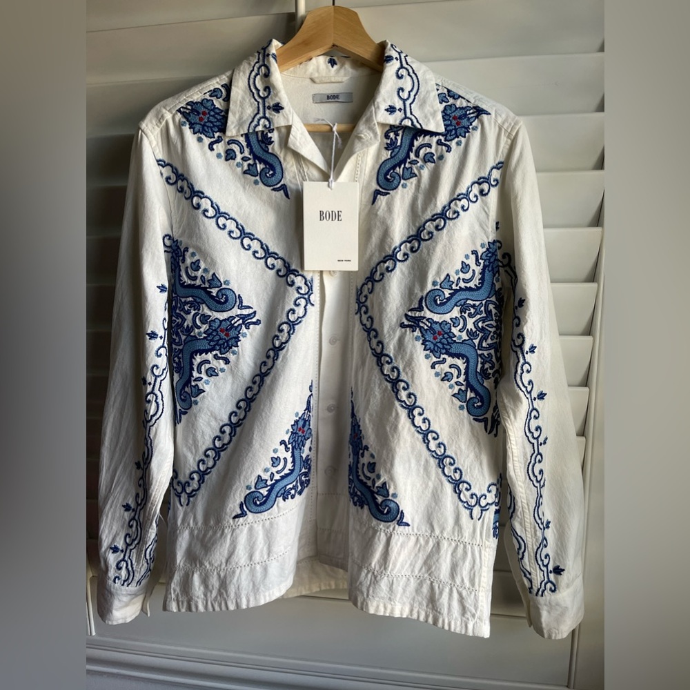 $520 BODE Diamond Dragon Blue Embroidered Button Cotton Poplin Shirt Top XS/S